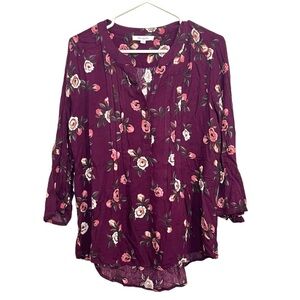 Monday Fun 3/4 Sleeve Top Size Medium Pleated Front Purple Floral NWOT